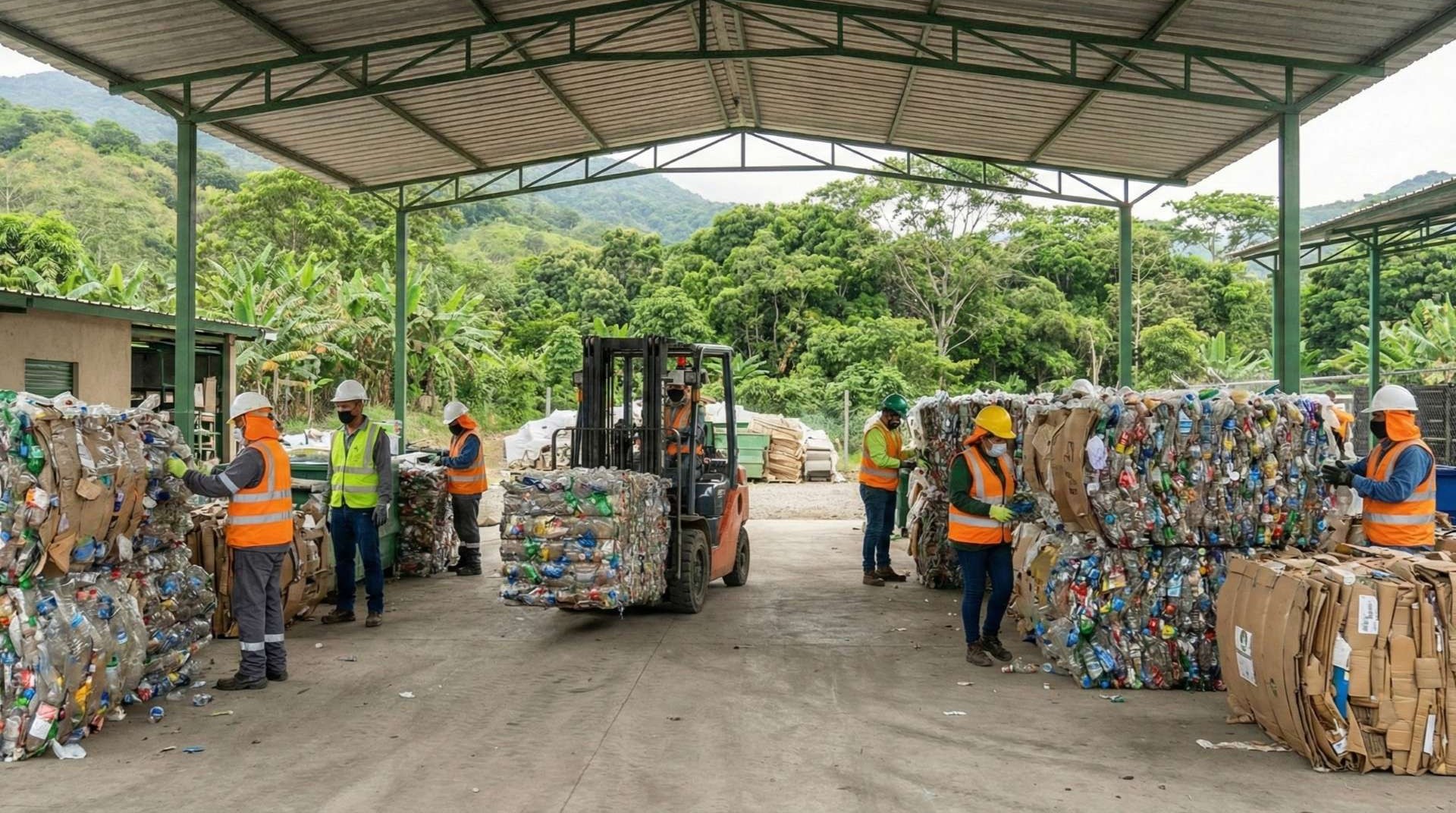 Centro de Acopio y Transformación Integral en Honduras Vista de una planta regional en Honduras donde trabajadores y un montacargas gestionan grandes pacas de material compactado (plástico y cartón) bajo un techo industrial con fondo tropical.