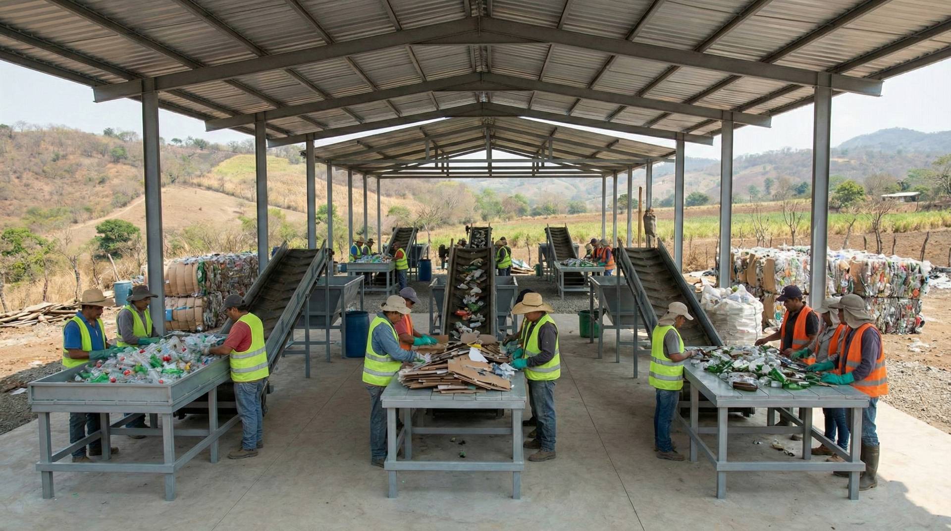 Centro de Clasificación y Gestión de Desechos Sólidos Vista general de una planta techada en zona rural de Guatemala, donde trabajadores realizan la separación manual de materiales como plástico, vidrio y cartón en cintas transportadoras para su gestión integral.