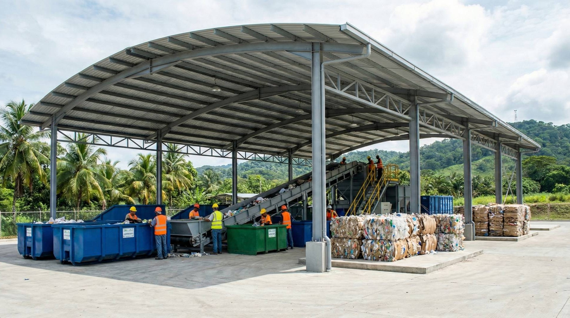 Centro de Gestión Integral de Residuos – Proyecto País Panamá Vista panorámica de las modernas instalaciones techadas en Panamá, donde operarios con equipo de seguridad realizan la clasificación y acopio de desechos sólidos utilizando bandas transportadoras en un entorno tropical.