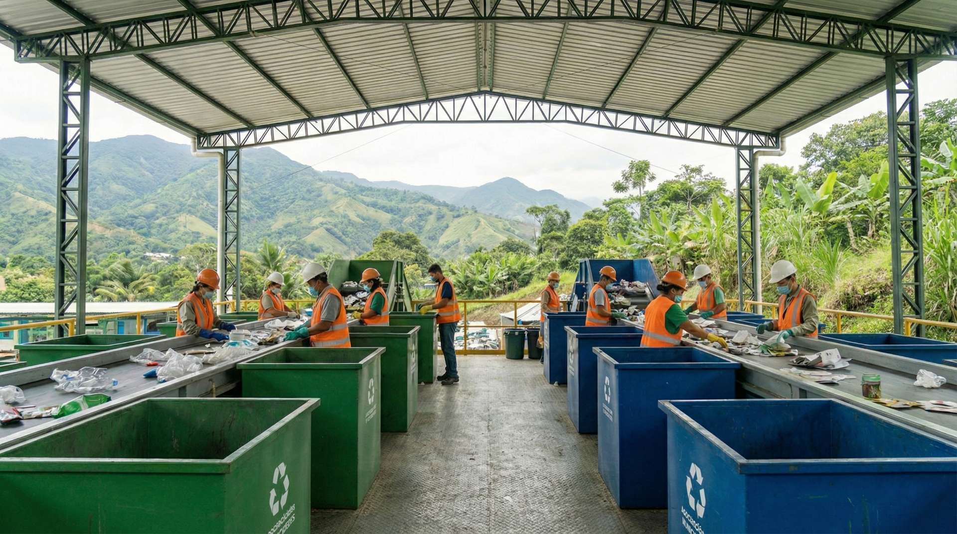 Gestión Integral de Desechos en el Occidente Antioqueño Vista de la planta de operaciones del proyecto regional en Medellín, mostrando a operarios realizando la clasificación y tratamiento de desechos en instalaciones modernas y organizadas.