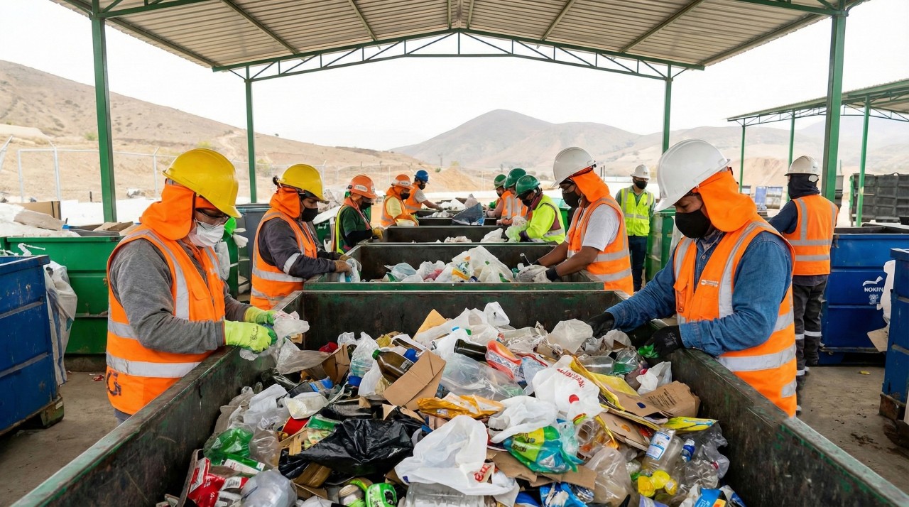 Gestión Integral de Residuos Sólidos – Tumbes y Matapalo Maquinaria pesada operando en una celda de disposición final recubierta con geomembrana, parte del proyecto de infraestructura sanitaria y gestión de residuos sólidos en Tumbes y Matapalo, Perú.