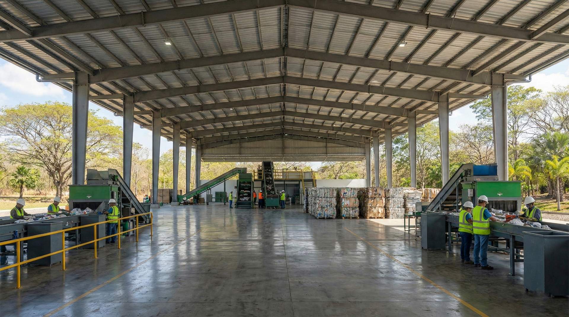 Proyecto ADIMONTENEGRO y DINADECO en Costa Rica. Vista interior de una planta moderna y amplia en Costa Rica, con operarios gestionando residuos, representando la ampliación del proyecto desde Bagaces hacia Siquirres y Pérez Zeledón.